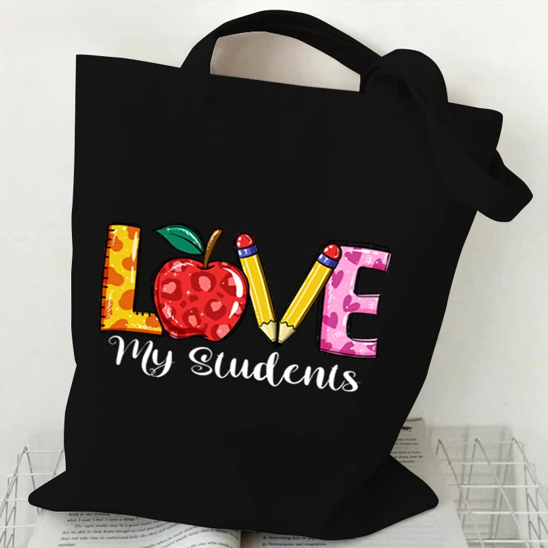 Frauen Leinwand Umhängetasche Teach Love Inspire Print Apple Graphics Handtasche Damen Casual Tote Bag Mode Lehrer Einkaufstasche