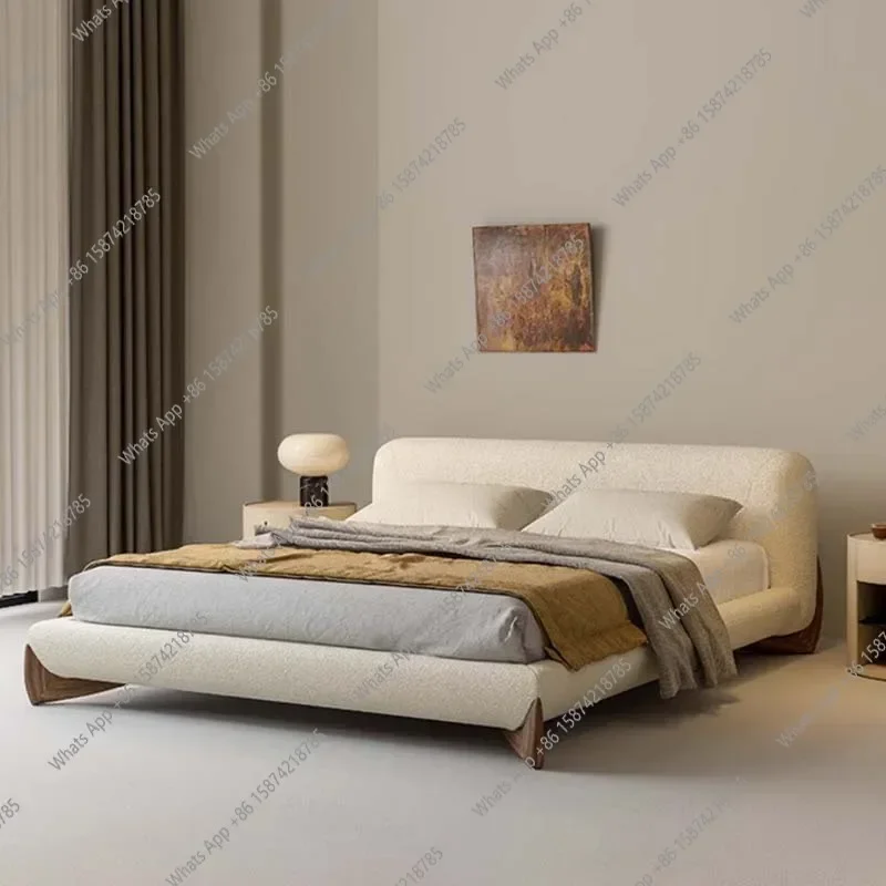 

Z-J Lamb Wool Bedroom Soft Bed Italian Minimalist Retro Cream Wind Bed Solid Wood Double Bed Designer