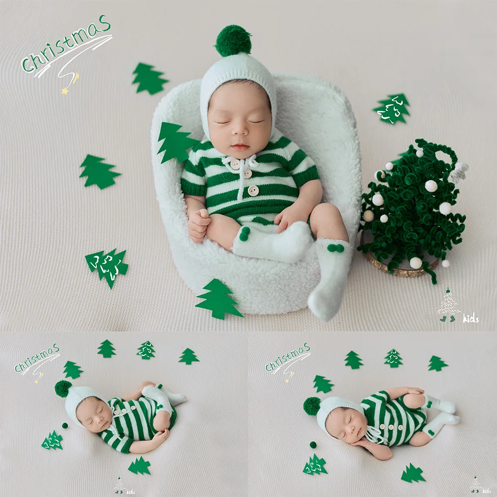 

Knitted Green Striped Jumpsuit+Bobbles Hat+Socks Baby Christmas Costume Baby Romper Studio Newborn Xmas Theme Photography Outfit