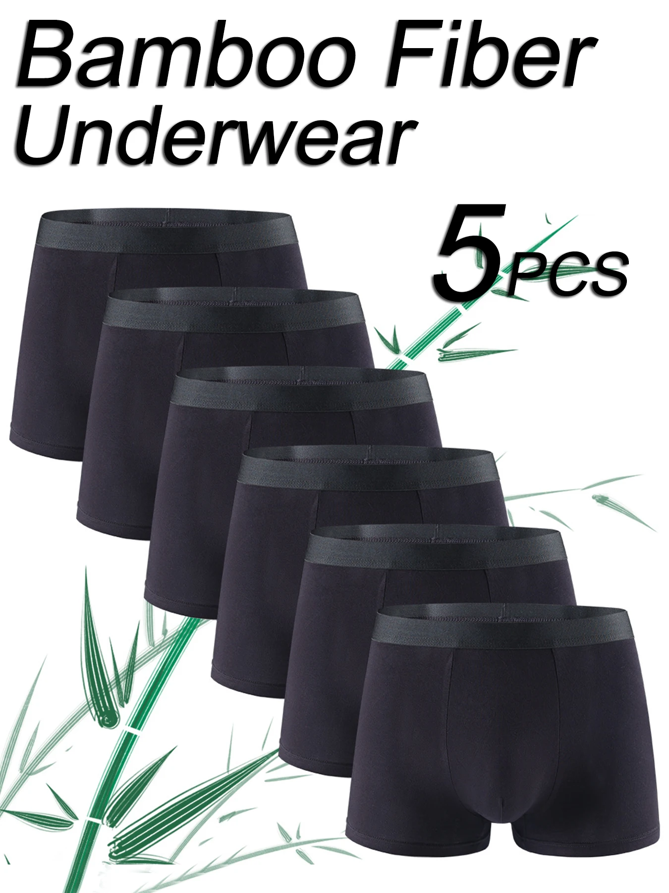 

5-Piece Set Of Bamboo Fiber Men's Pure Black Boxer Shorts, Personalized Luxury Fashion Underwear, Casual Boxer Shorts