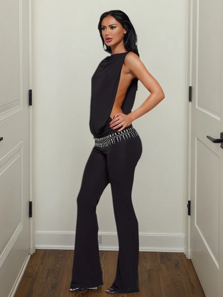 

Cutenew Hipster Ruched Jumpsuit Women o-Neck Side Slit Sleeveless Hottie Stretch Skinny Simple Flare Street Clubwear Overalls