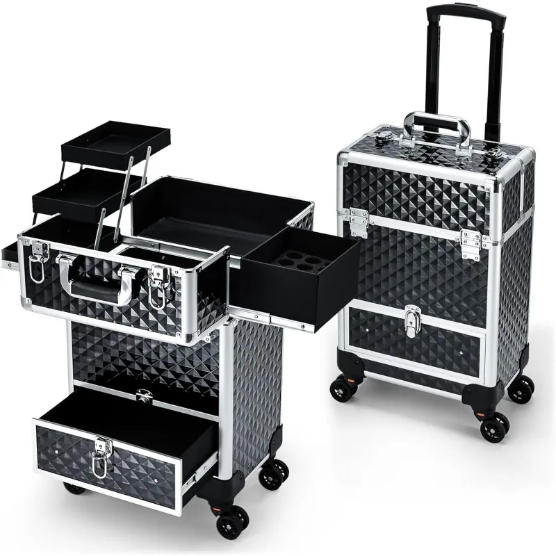 Rolling Makeup Case Cosmetic Travel Trolley Storage Sliding Drawer 4 Tray Makeup Case with Wheels Salon Barber Traveling Case