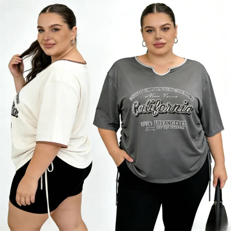 

Женская футболка размера плюс 40-150 кг с калифорнийским принтом и шнурком, облегающий укороченный топ с короткими рукавами и рюшами, повседневная летняя уличная футболка