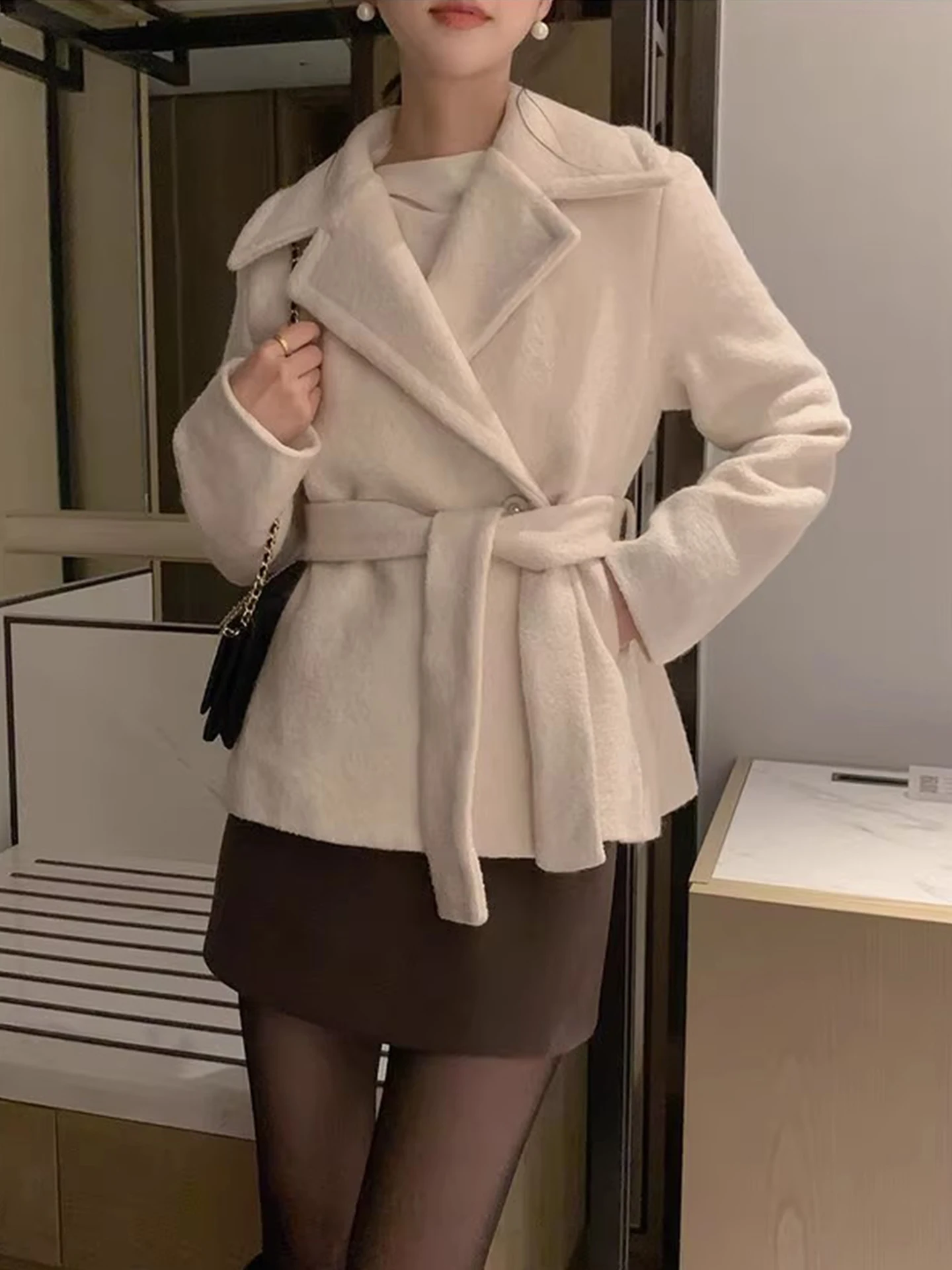 Ele Woolen Coat Women's Single Button Design Suit Collar Winter New Sle Waist-Cinching Korean Sle Long Sve Jaet