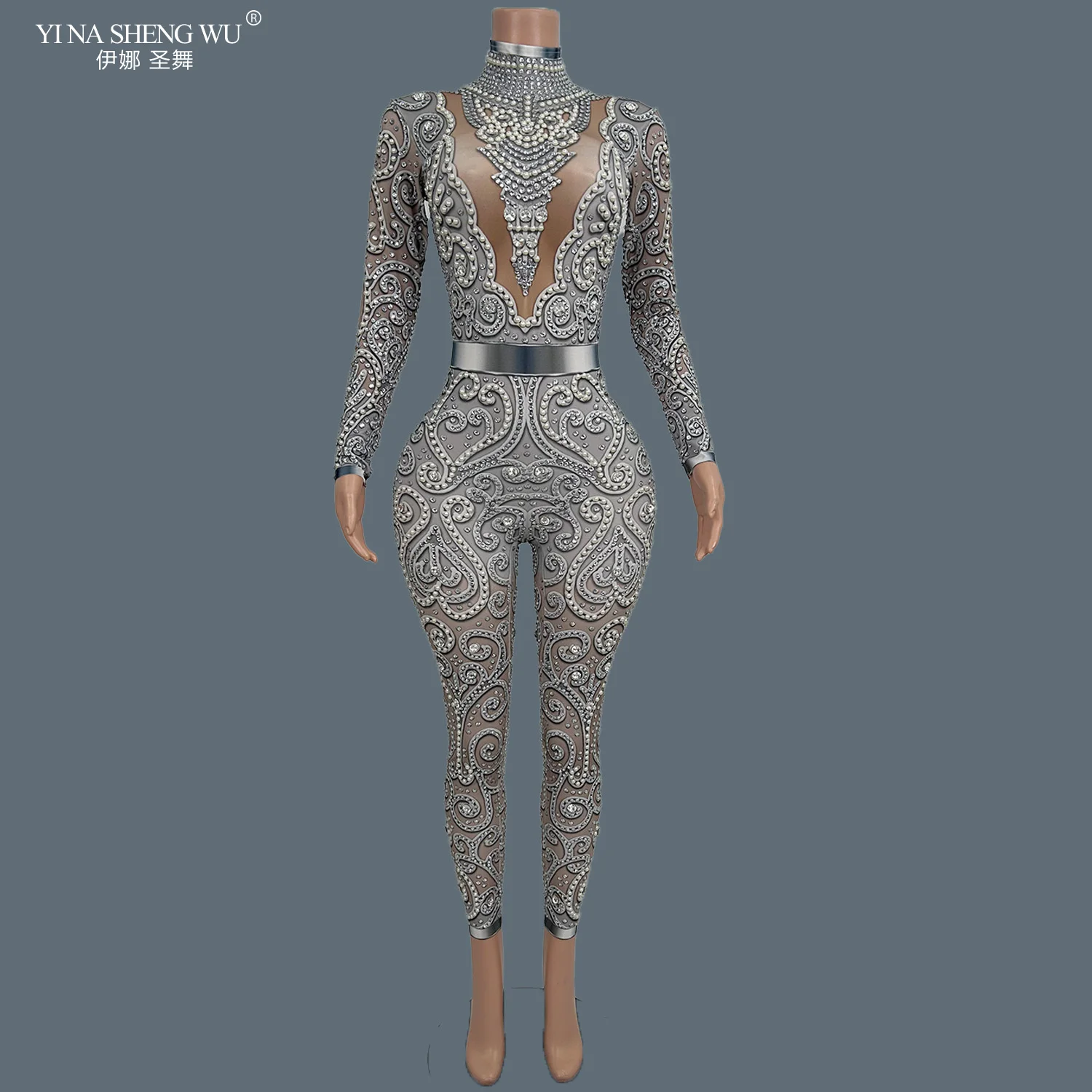 

Women Sparkly Rhinestone Pearls Spandex Jumpsuit Nightclub Party Stage Performance Bodycon Wear Sexy Printing Jumpsuit Quanquan