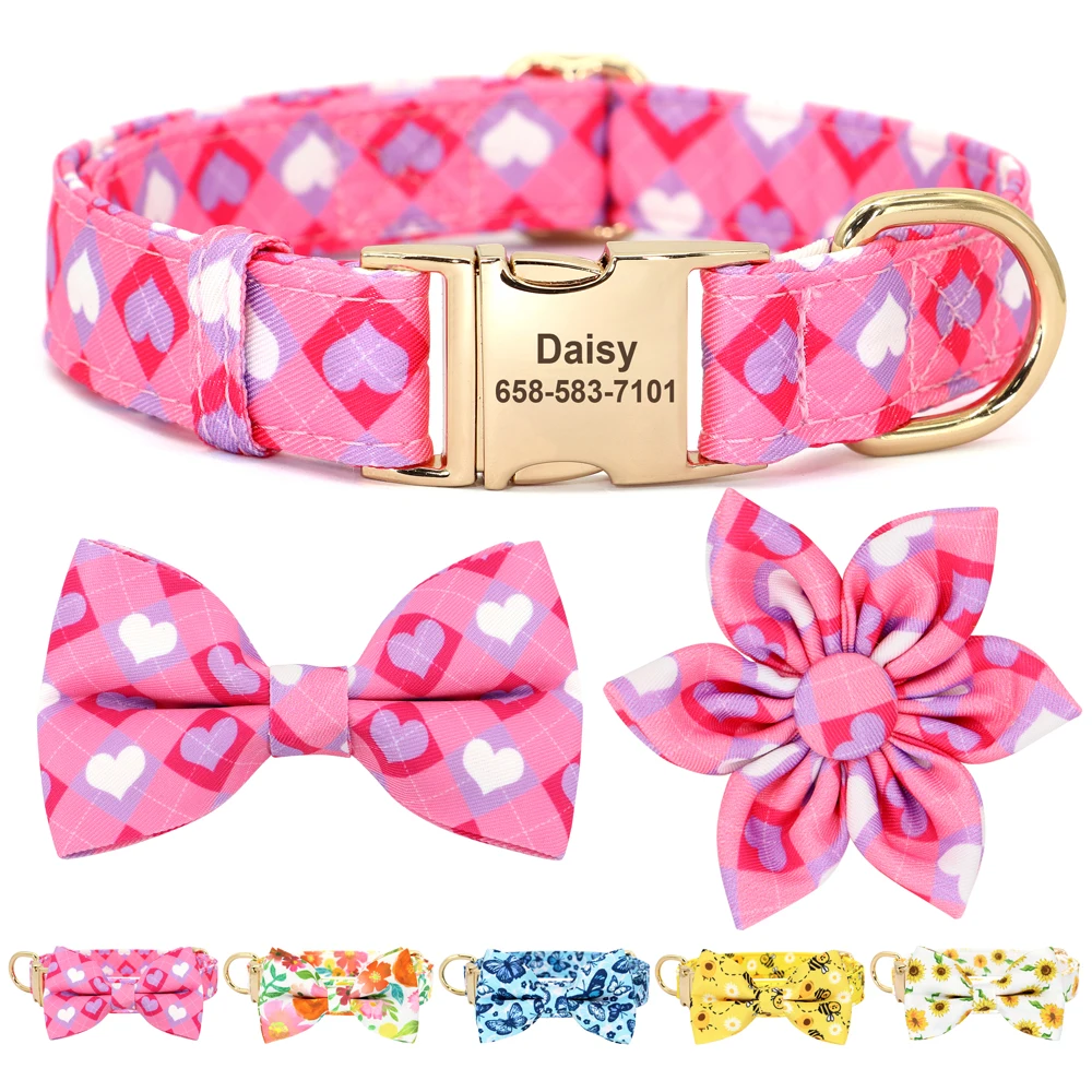 Personalized Dog Collar Printed Dogs Necklace Cute Bowknot Flower Pet ID Collars Anti-Lost For Small Large Dogs Pet Accessories