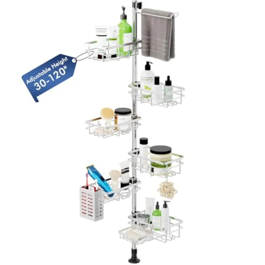 

Corner Shower Caddy with Stainless Steel Tension Pole Rustproof 6-Shelf Bathroom Organizer in Silver with Towel Bar Toothbrush