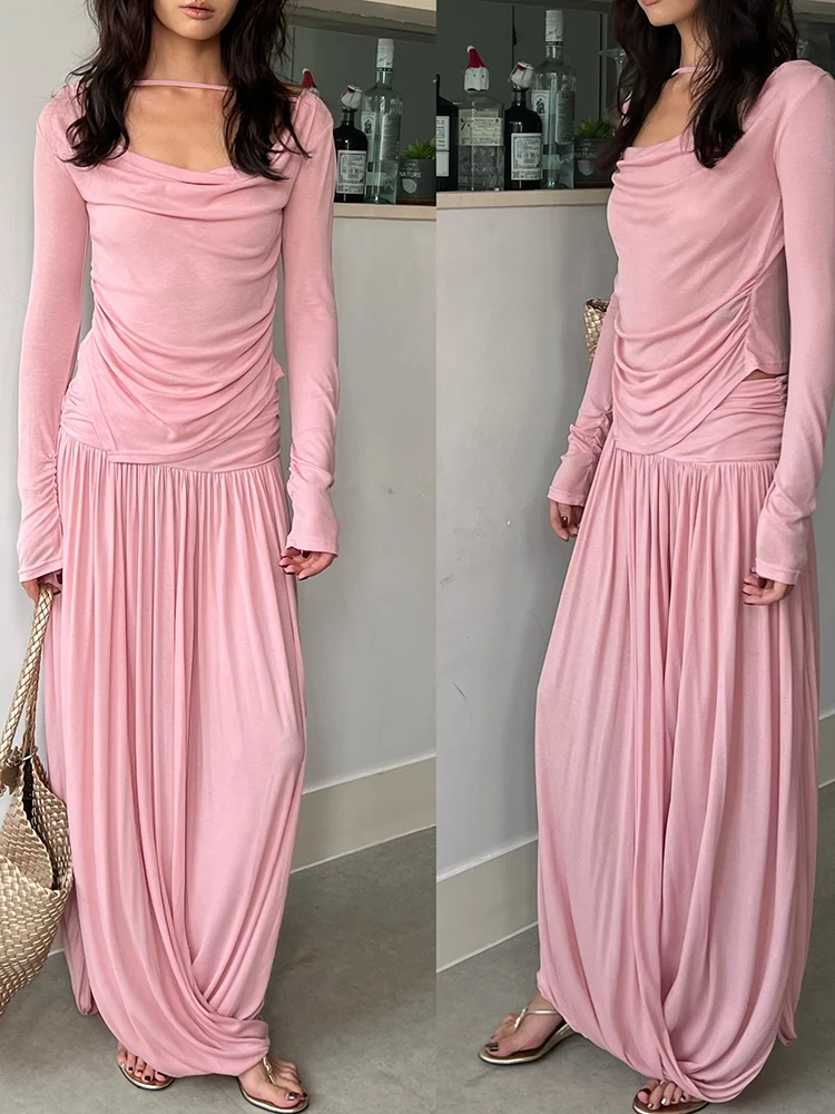 

Драпированные широкие длинные брюки-юбки, стильные и свободные розовые женские широкие брюки, весеннее новое поступление 2026 г.