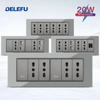 DELEFU Panel de vidrio SC70 195mm gris italiano estándar USB tipo C interruptor de enchufe de pared de carga rápida TV teléfono CAT5 CAT6