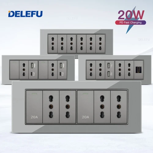 DELEFU Panel de vidrio SC70 195mm gris italiano estándar USB tipo C interruptor de enchufe de pared de carga rápida TV teléfono CAT5 CAT6