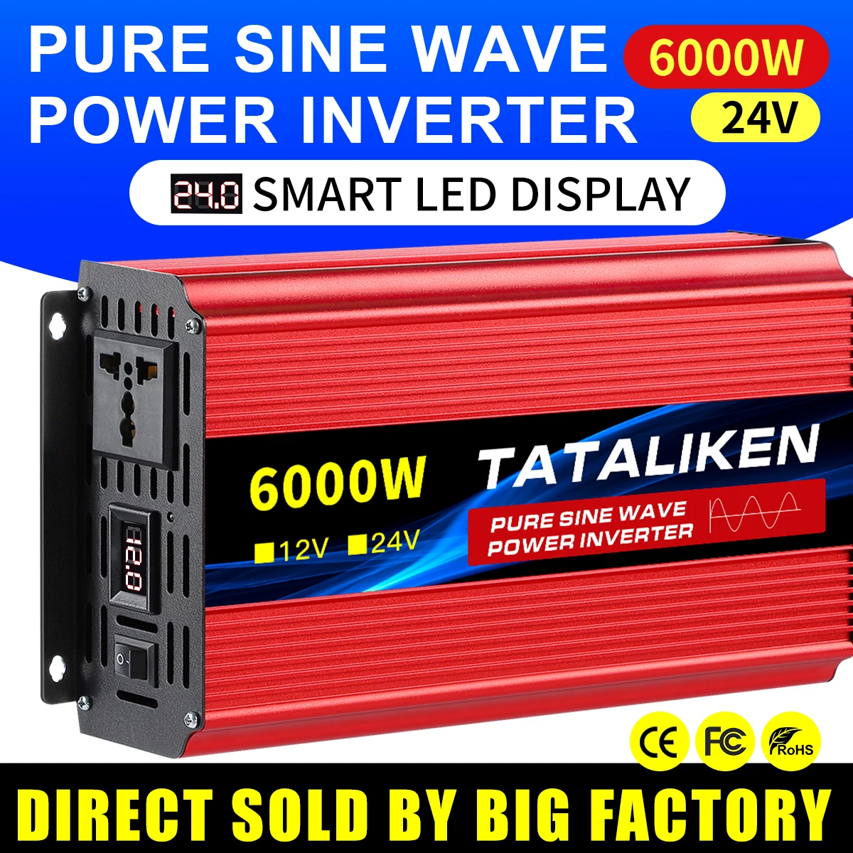 

Pure Sine Wave Inverter DC 24V to AC220V 6000W 7000W 8000W Solar Car High Power 50HZ Converter with Led Display Tramfermer