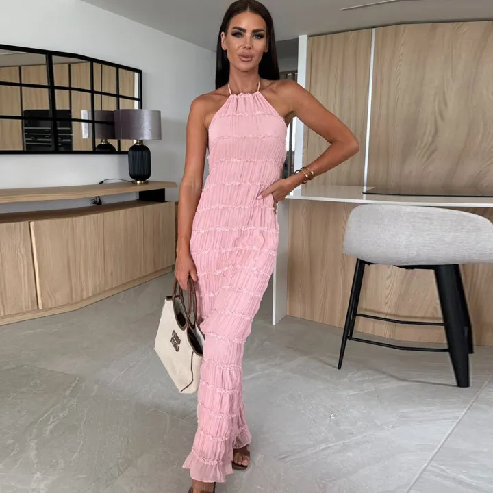 BWQ Women Summer Boho Sexy Coquette Maxi Dress Elegant Sleeveless Backless Tie-up Ruched Bodycon Holiday Clubwear Long Dress