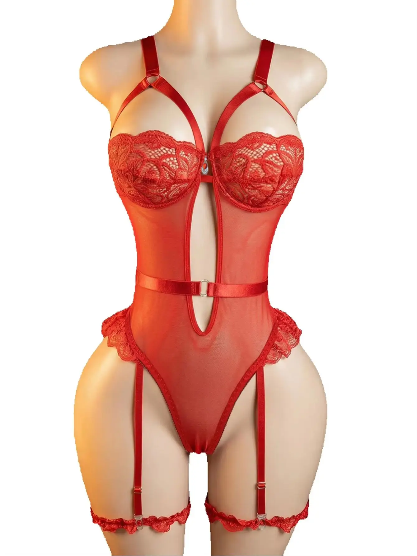 Women Sexy Red Bodysuit Floral Lace Teddy Adjustable Straps Waist Belt Back Cutout Garter Lingerie Suspender Lingerie