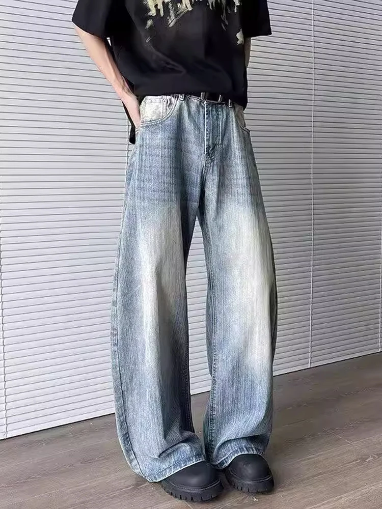

Light Blue Waed Bamboo Texture Men's Jeans American Sle Cleanfit Micro Flared Knife Loose Slimming Floor Length