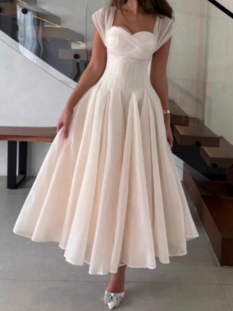 

2025 French Gentle Waist Cinched Sleeveless Square Neckline Long Dress, Summer Fashion Chiffon Patchwork Waistband A-Line Dress