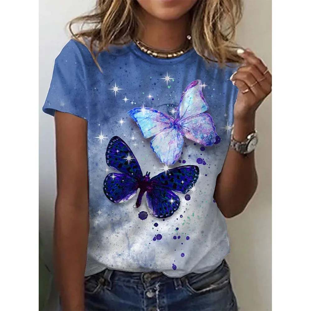 New O-Neck Girl Clothes 3D Cute Butterfly Flower Print T Shirt Children's Clothing Fashion Tops for Child 4-12 Years Female Tees