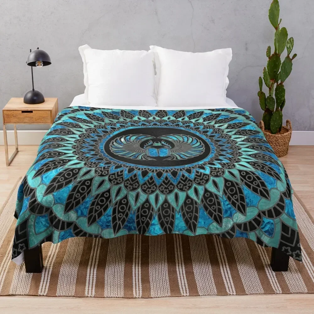 Egyptian Scarab Beetle - Gold and Blue glass Throw Blanket Winter beds for sofa Flannel Hair Blankets