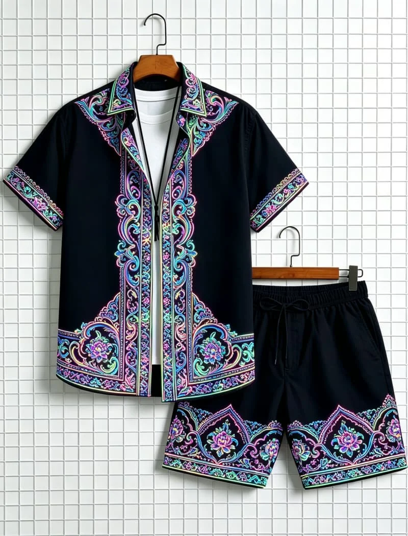 Men's ethnic border printed short sleeved shirt and shorts set, fresh and elegant style, for daily leisure and outdoor travel view 4