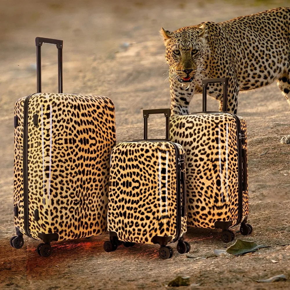Lightweight Durable Hardside Spinner Luggage | Cheetah Print Suitcase with Handle and Trolley | Travel Bag for Long Trips