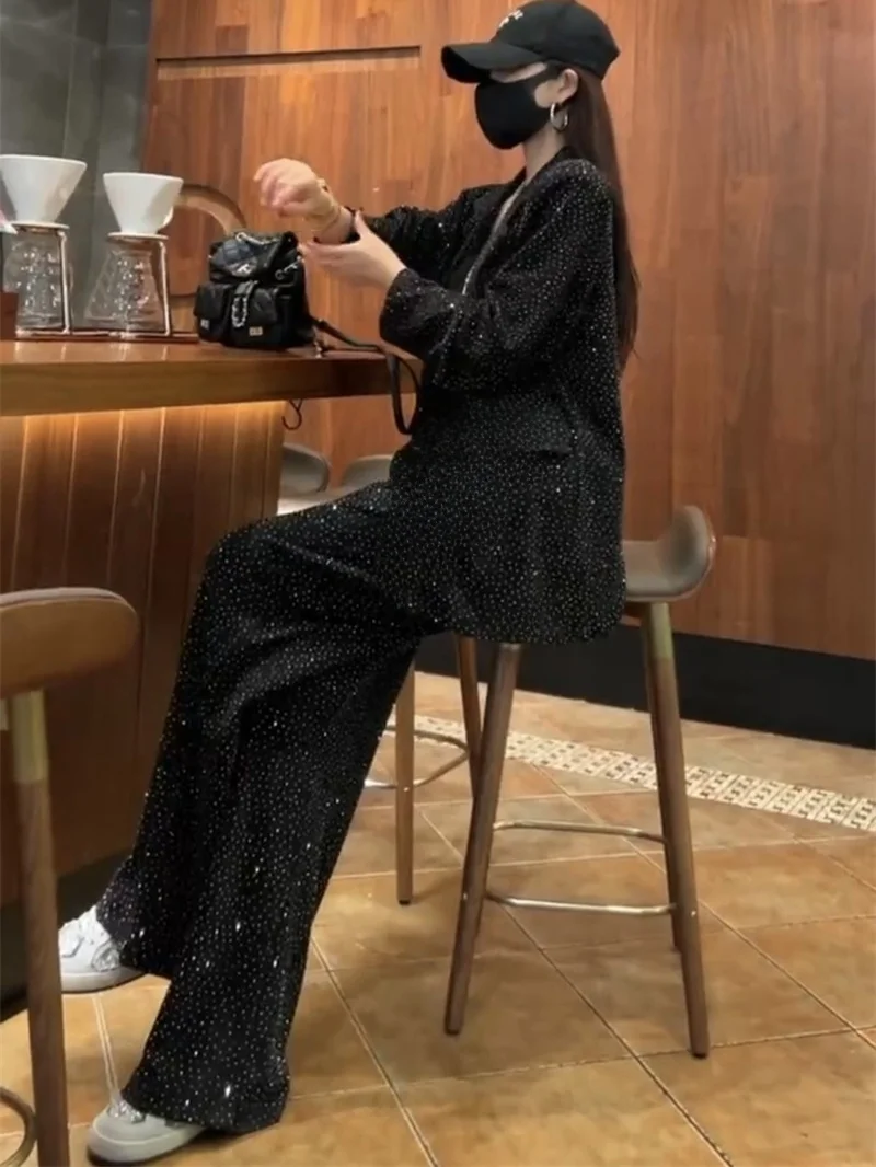 Laid-ba Sle Faion frauen Frühling Sommer Neue Anzug Kragen Lose Oberbekleidung Breite Bein Hosen Diamant Set Trendy ensemble