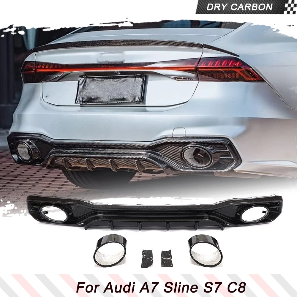 Dry Carbon Car Rear Bumper Diffuser Lip Spoiler For Audi A7 Sline S7 C8 2019-2021 Rear Diffuser Spoiler Splitters Exhaust Tips