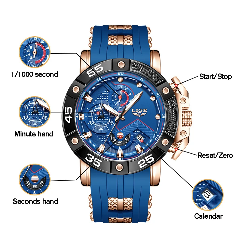 LIGE-Montre à quartz étanche avec bracelet en silicone pour homme, montres chronographes, mode militaire, sport, date, marque supérieure, luxe