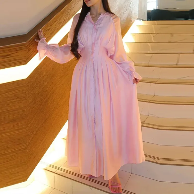 

FL Summer New Women Slim Elegant Solid Waist Cinched Button Long Dress Soft Light Breathable Chic Daily Casual Beach Holiday