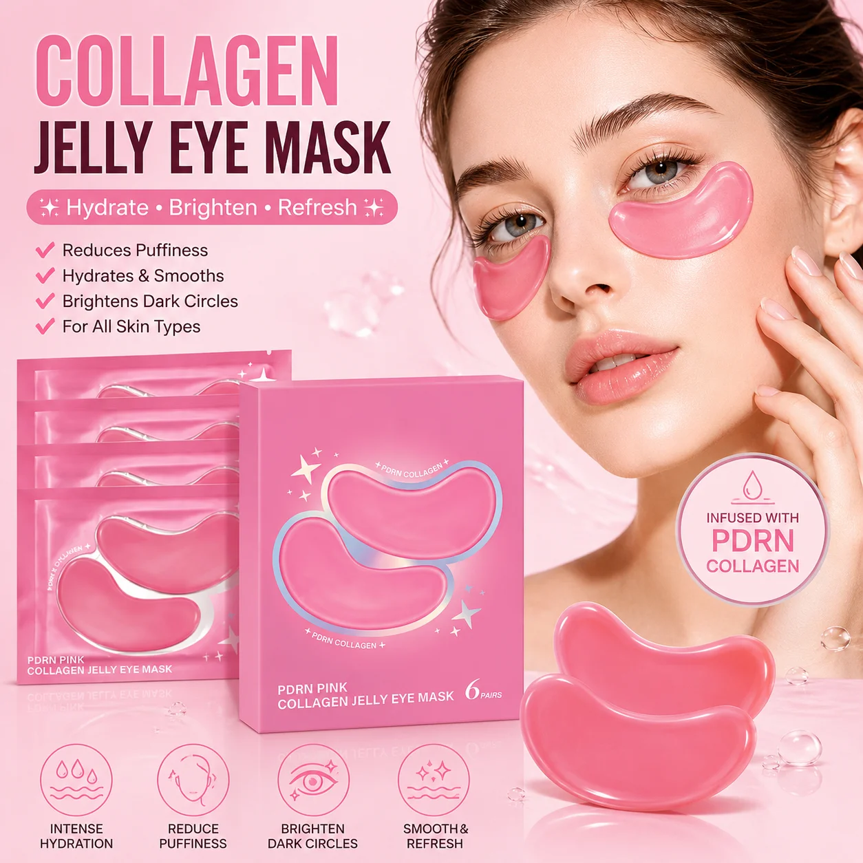 PDRN Collagen Under Eye Patches Brighten Firm Eye Skin Fade Dark Circles Reduce Eye Bags Deep Moisturizing Anti Aging Eye Mask