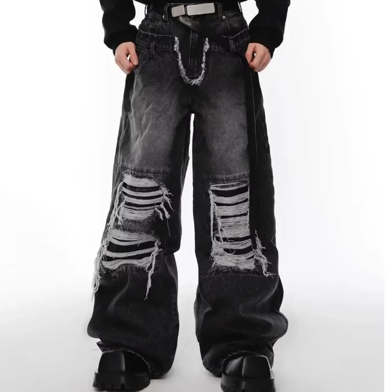 

American Y2K Style Street Fabric Trendy Jeans Mens Loose-fit Straight-leg Pants Hip Hop Sensibility Niche Design Split Style
