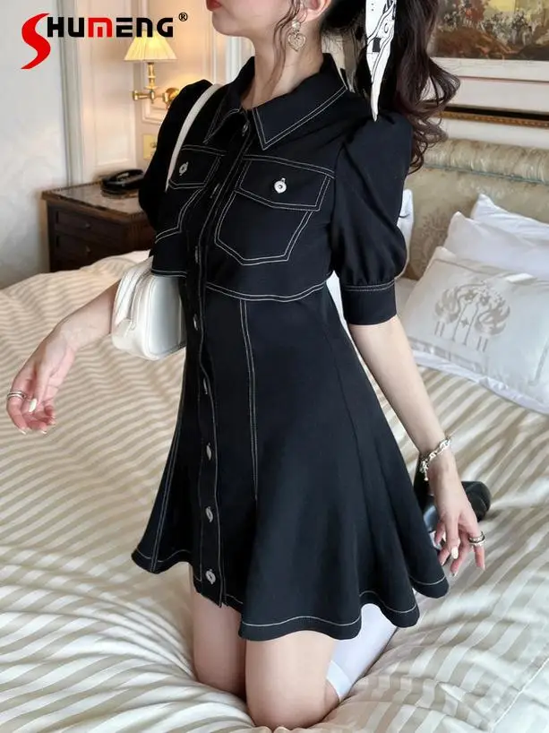 

Japanese Elegant Sweet Lapel Short Puff Sleeves Single-breasted High Waist Slim A-line Casual Versatile Shirt Dress Women Summer