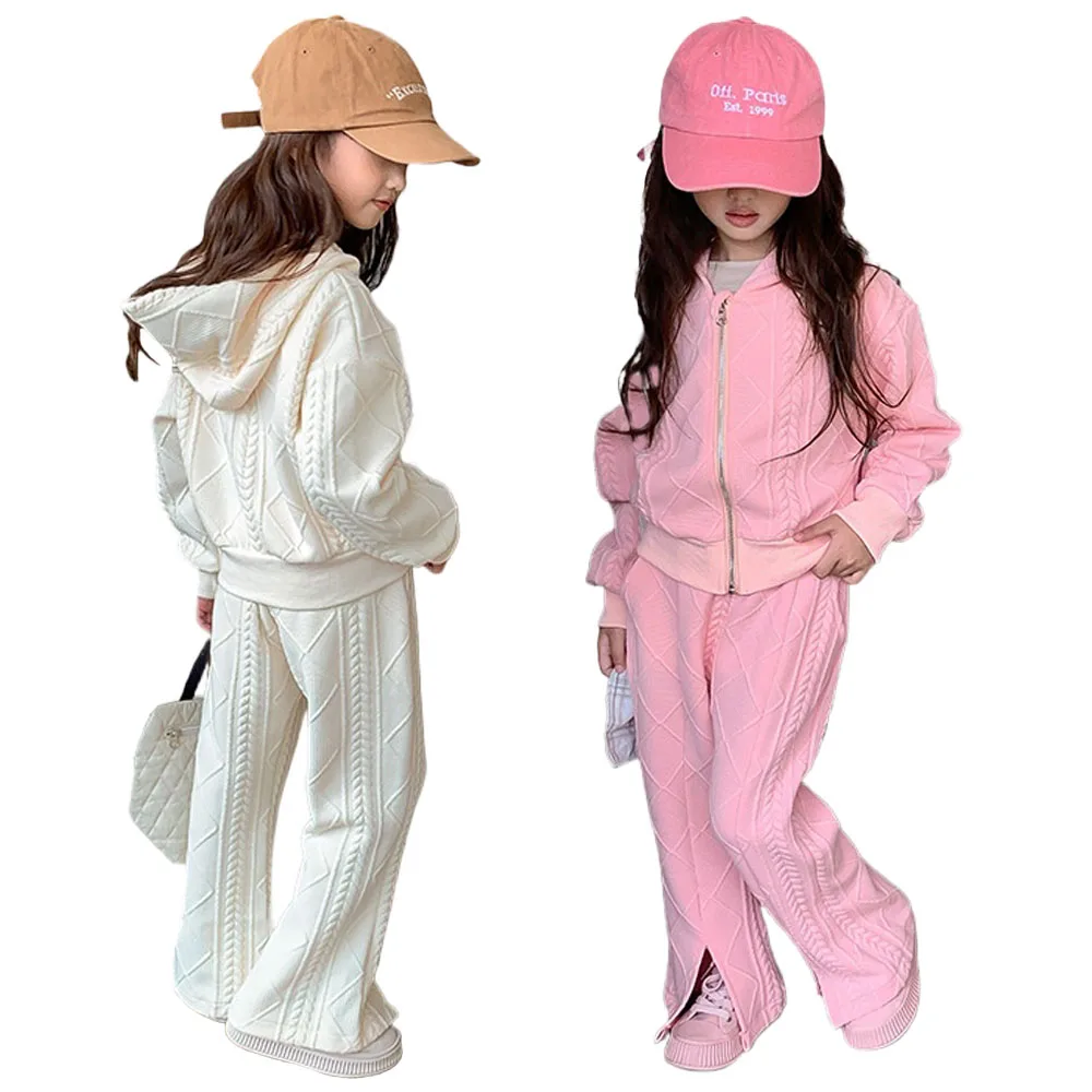 

Вязаный костюм для маленьких девочек, комплект свитшотов, спортивная толстовка на молнии, свитер, расклешенные брюки, вязаный спортивный костюм, осенне-зимняя одежда для детей от 2 до 8 лет