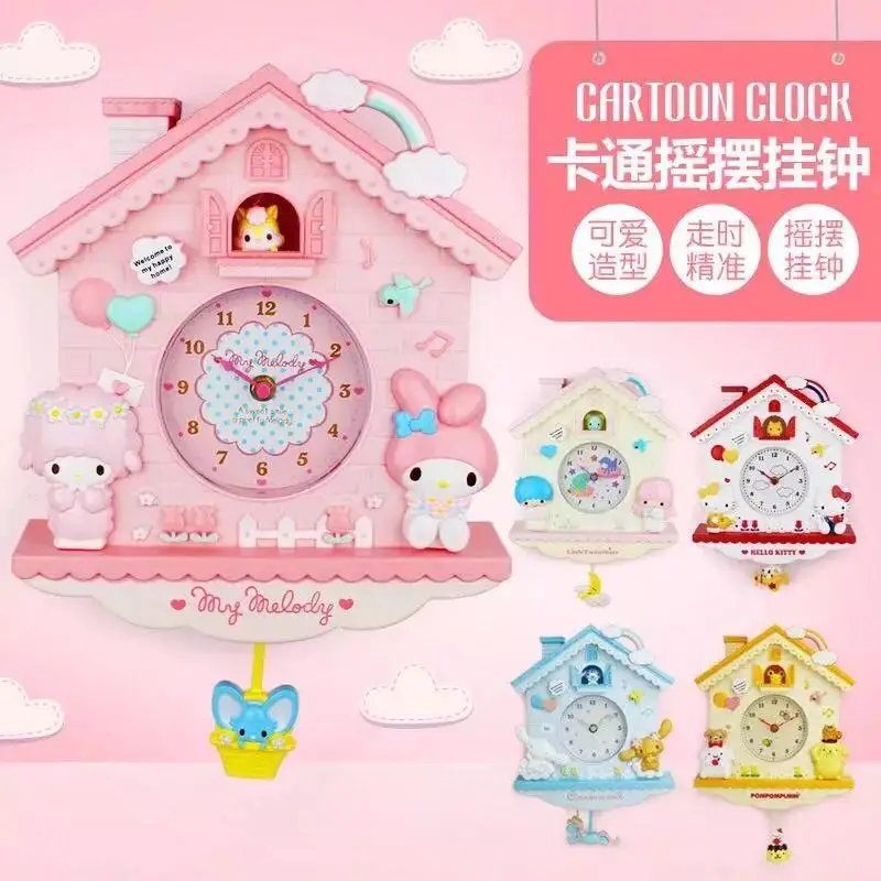 Cute Sanrio Cinnamorolls Melodys Wall Clock Pompompurins Wall Hanging Swinging Bedroom Decorative Cartoon Clock Birthday Gift