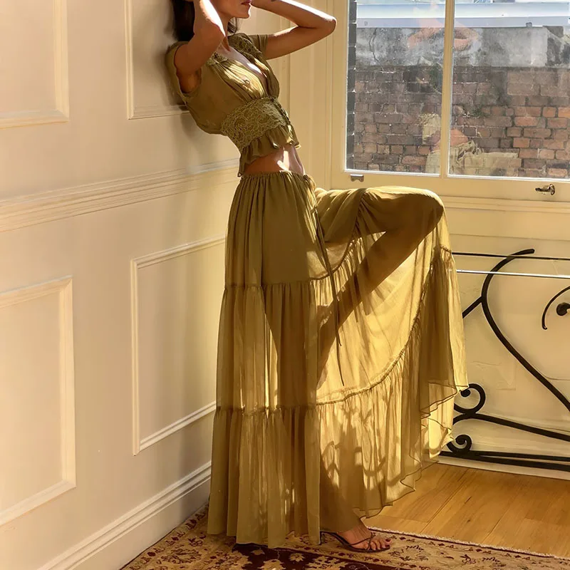 

Повседневный однотонный комплект для вечеринок: сексуальный женский топ с V-образным вырезом и короткими рукавами, длинная юбка, праздничный костюм, весенне-летний пляжный наряд для женщин из сетчатой ткани