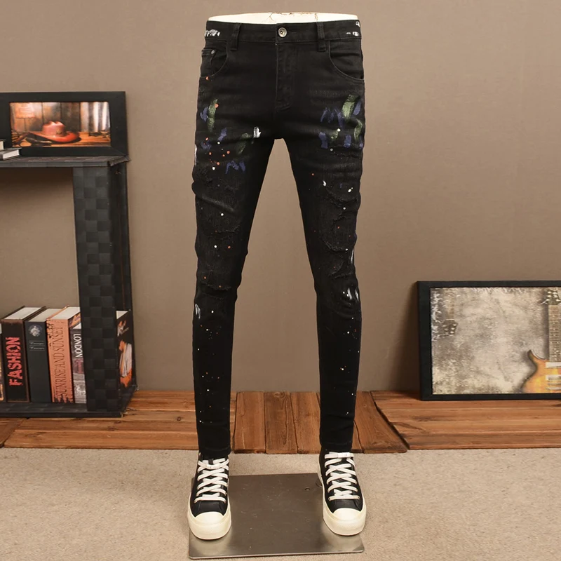 

Уличный дизайнер Модные мужские джинсы Ретро Черные Серые эластичные облегающие окрашенные рваные джинсы Мужские хип-хоп Y2K Винтажные джинсовые брюки
