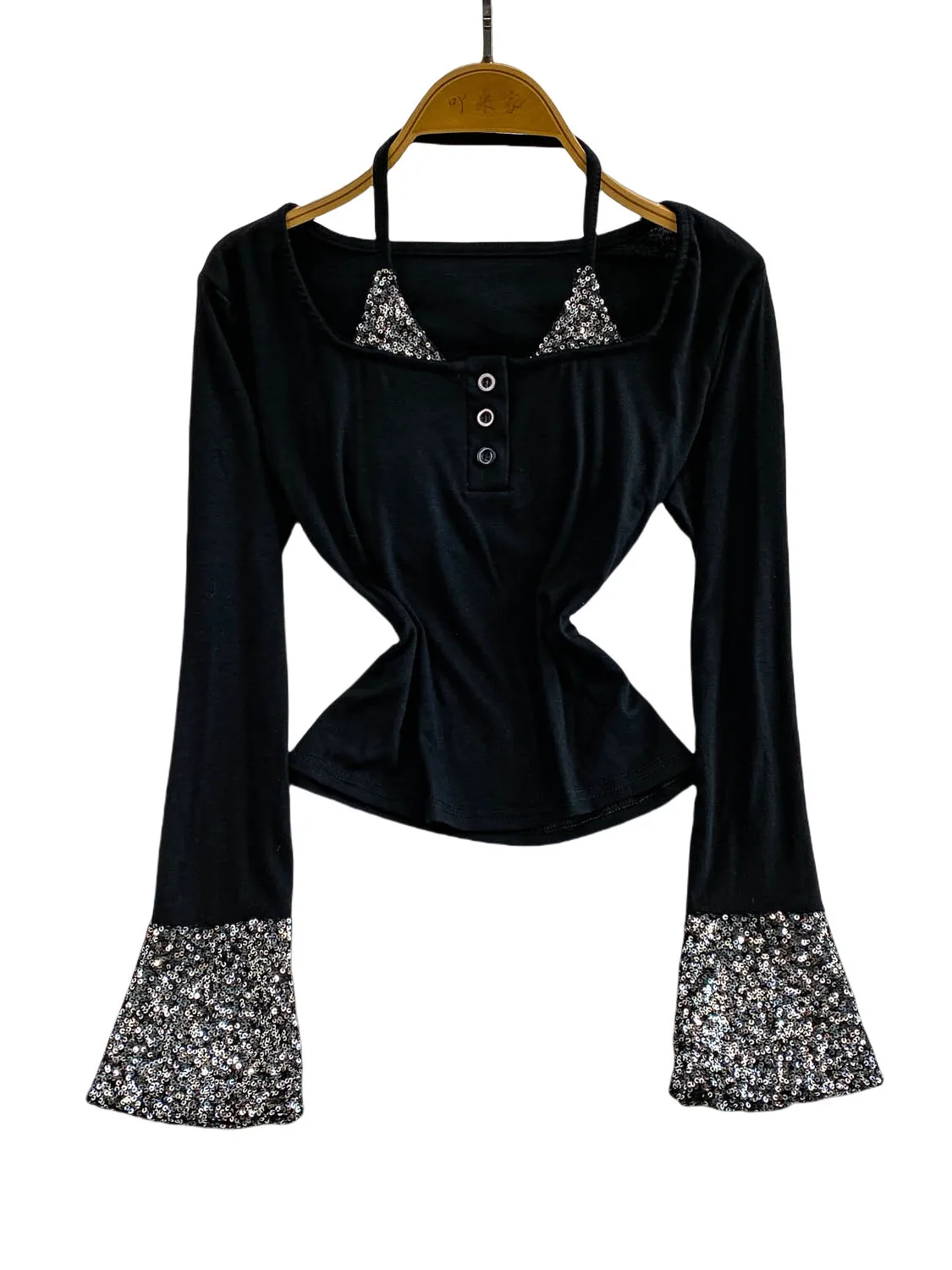 レディース スリムフィット Tシャツ ベルスリーブとスクエアカラー スパンコール パッチワーク カジュアルスタイル ハイウエストデザイン 秋トップ