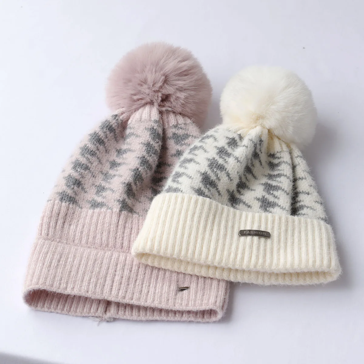 new Winter stripe Knitting Hat For Women Fur Pompom Thick Plush Cap Beanie Solid Color Ladies Warm Ski Snow Skullies Beanies