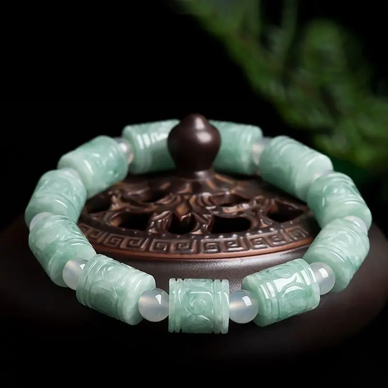 Light Green Imitation Jade Bracelet with Floating Flower Texture, Unisex Retro Chinese Style Wrist Jewelry for Daily Casual Wear