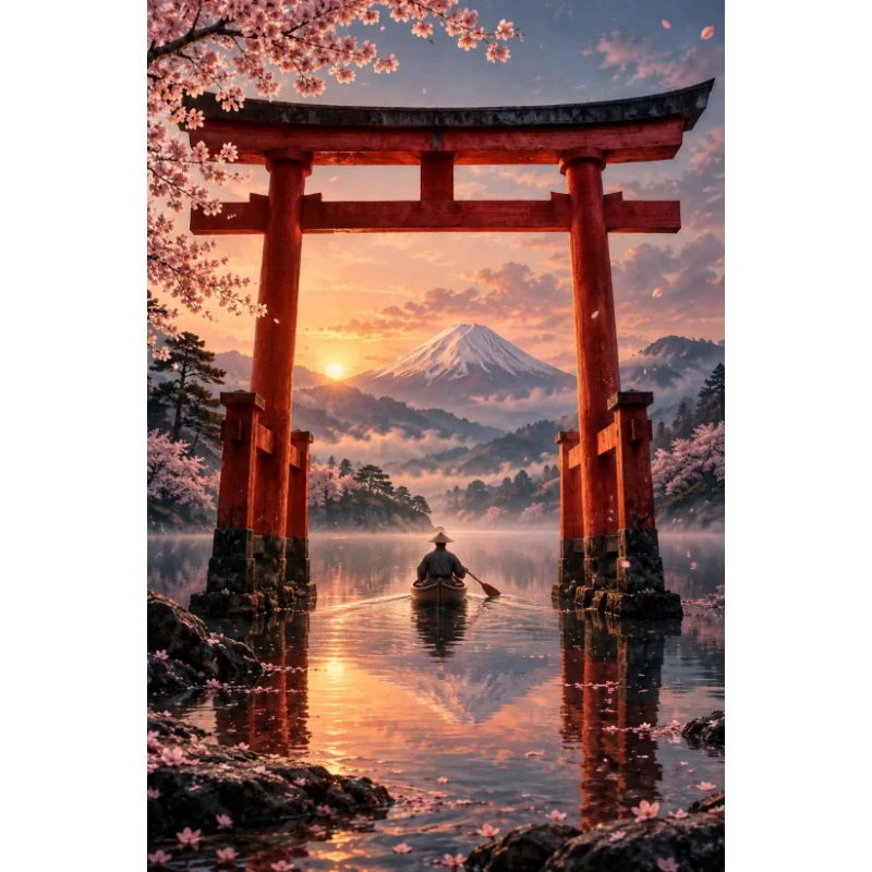 DIY 5D Diamond Painting, Torii Gate Mount Fuji Sunrise Lake Art, Hobby Craft for Home Wall Decor, Ideal Gift for Art Lovers