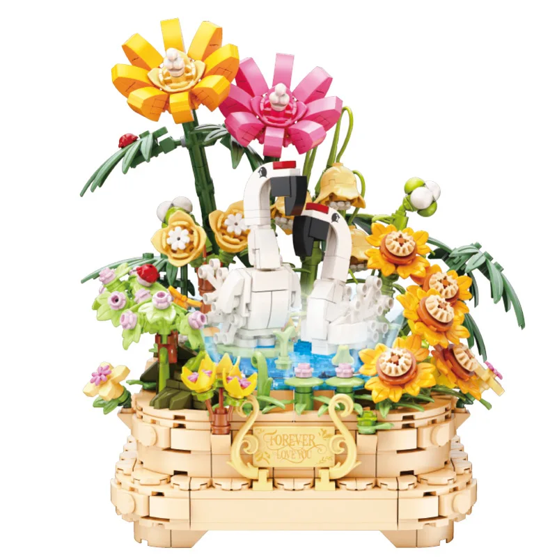 Creative Idea Flower Basket Swan Music Box MOC Block Construction Set Model Building Brick Educational Toy For Girls Gift