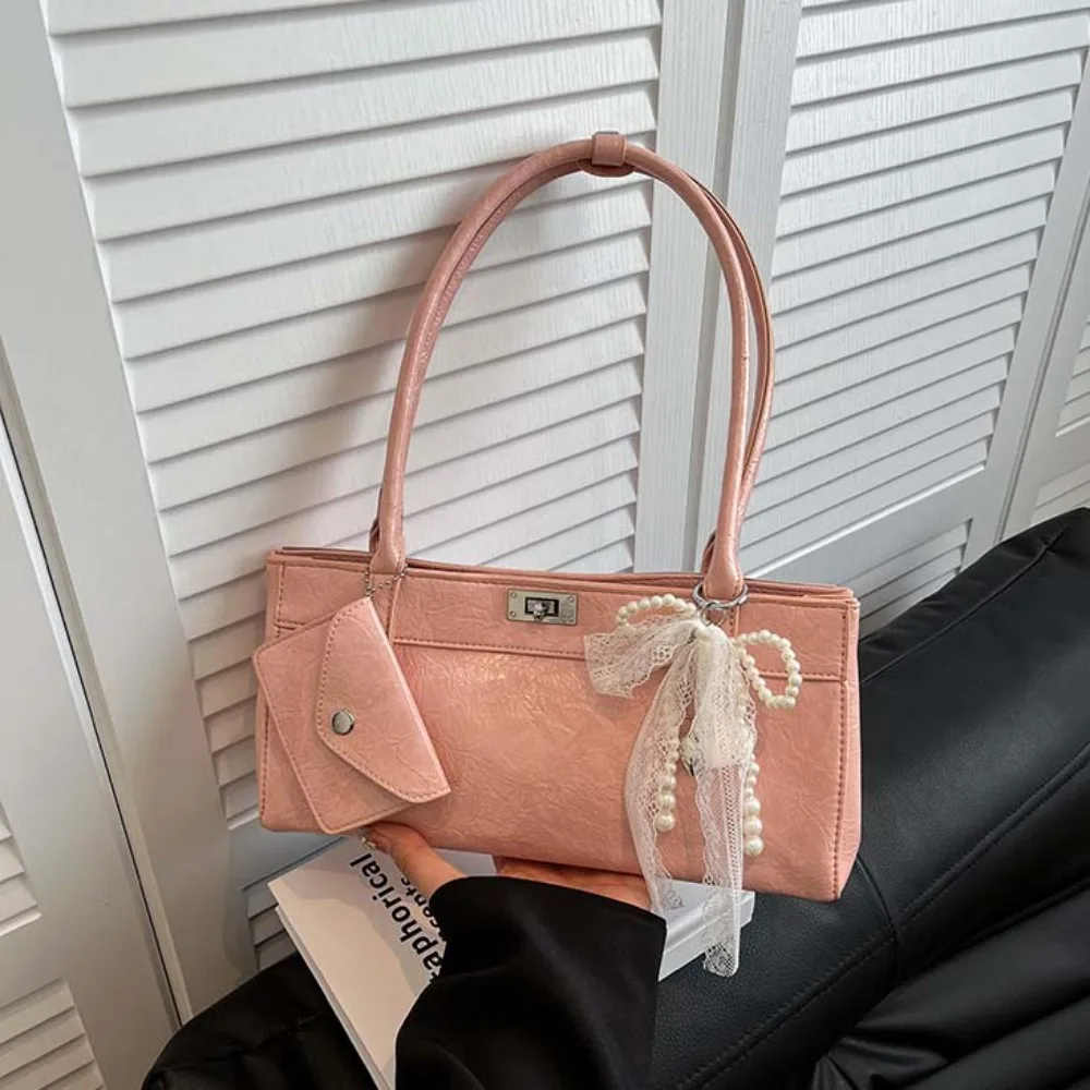 

Portable Sweet French Stick Handbag Lace Hanging Pouch PU Shoulder Bag Bow Ribbon Y2K Texture Underarm Bags Daily