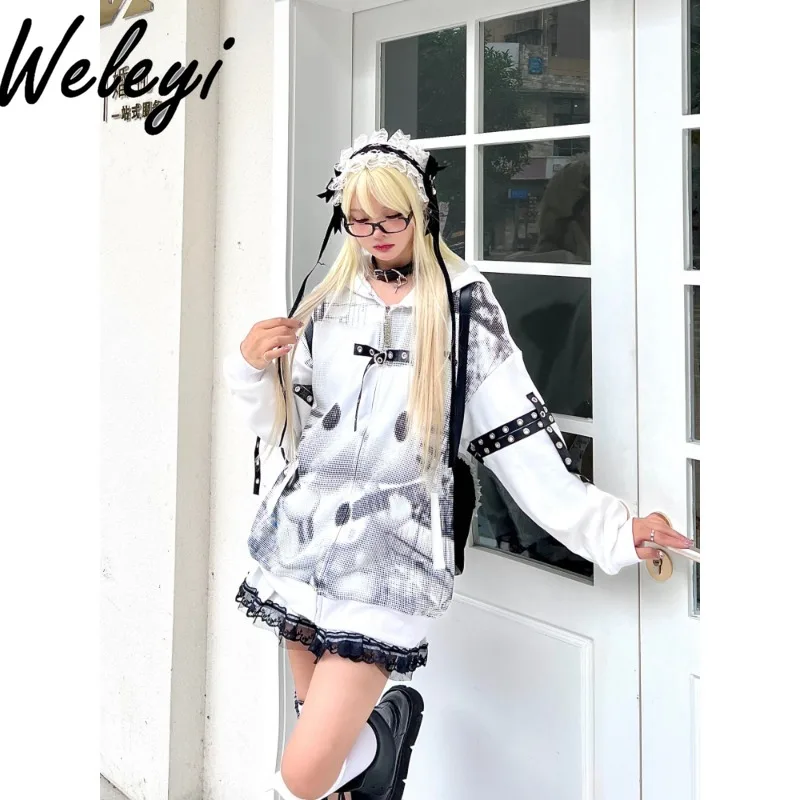 Cute Gothic Street Hooded Anime Hoodie Women 2024 Autumn Winter Sweet Cool College Style Zipper Print Leather Buckle Loose Coat