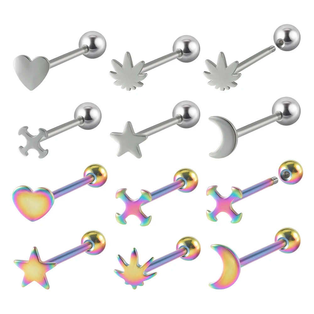 5/10Pcs Punk  Steel Silver Rainbow Color Tongue Barbell Rings Cross Heart Shape Ear Tragus Cartilage Cheek Piercing Jewelry 14g