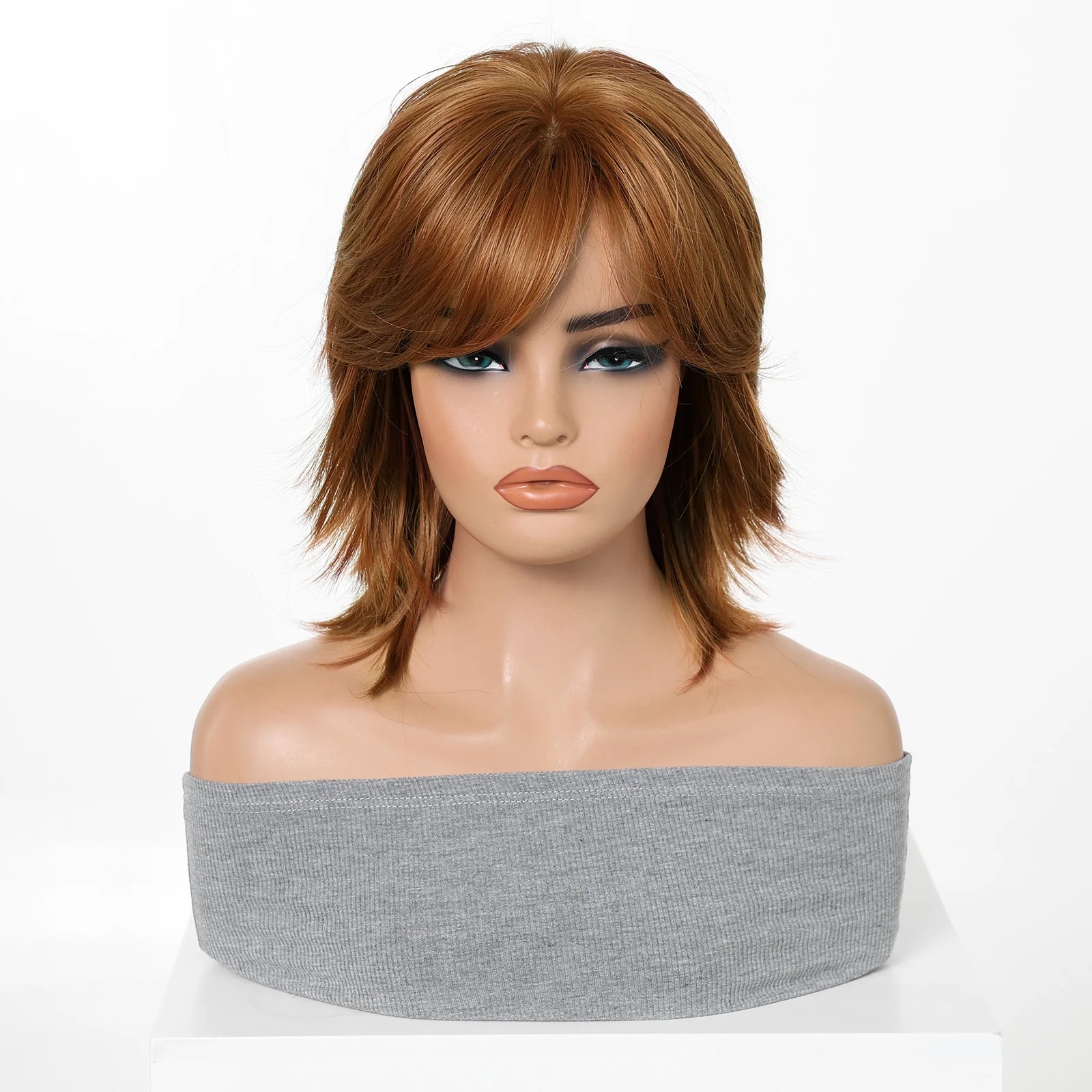 ALAN EATON Auburn Short Wave Wig with Bangs Heat Resistant Synthetic Shaggy Wig Copper Brown  Textured Bob Style Summer New