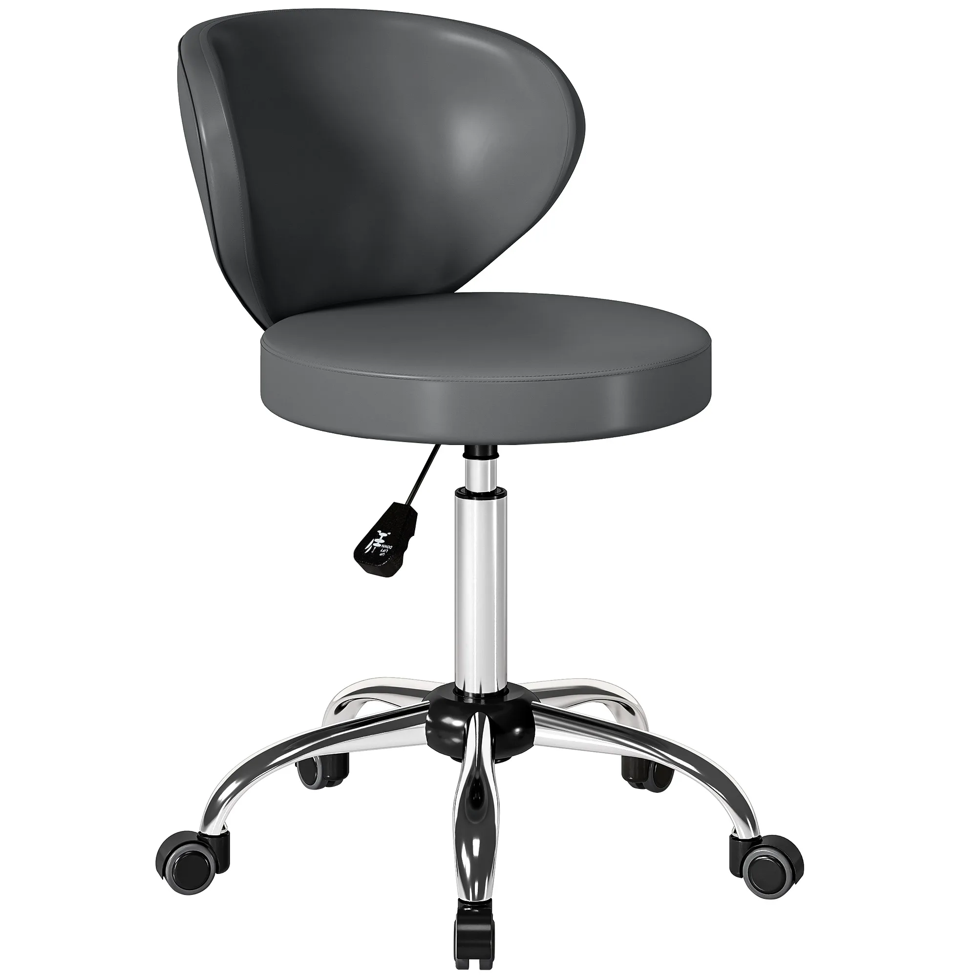 Taburete con ruedas HOMCOM, taburete de masaje de PU con altura ajustable de 73-88 cm y respaldo, giratorio ° Gris