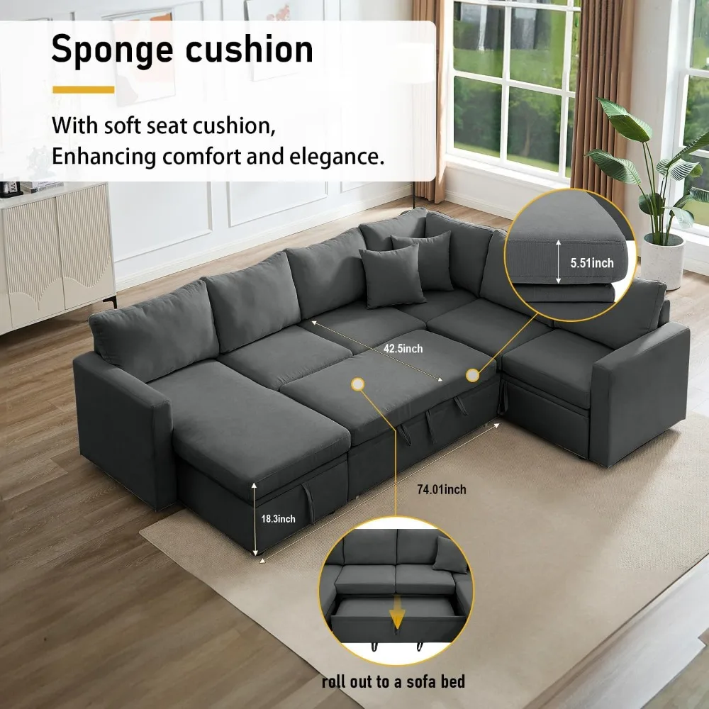 Segmented sofa bed with pull-out bed, U-shaped segmented sofa with storage lounge chair and 2 pillows, 2-in-1 oversized sofa bed