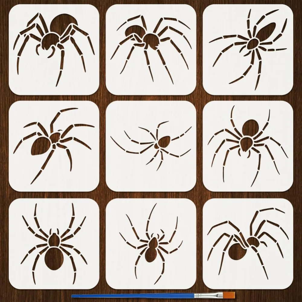 

9PCS Spider Stencils with 1Pc Plastic Brush 5.9x5.9inch 9 Styles Spiders Pattern Drawing Stencil Halloween Theme Template