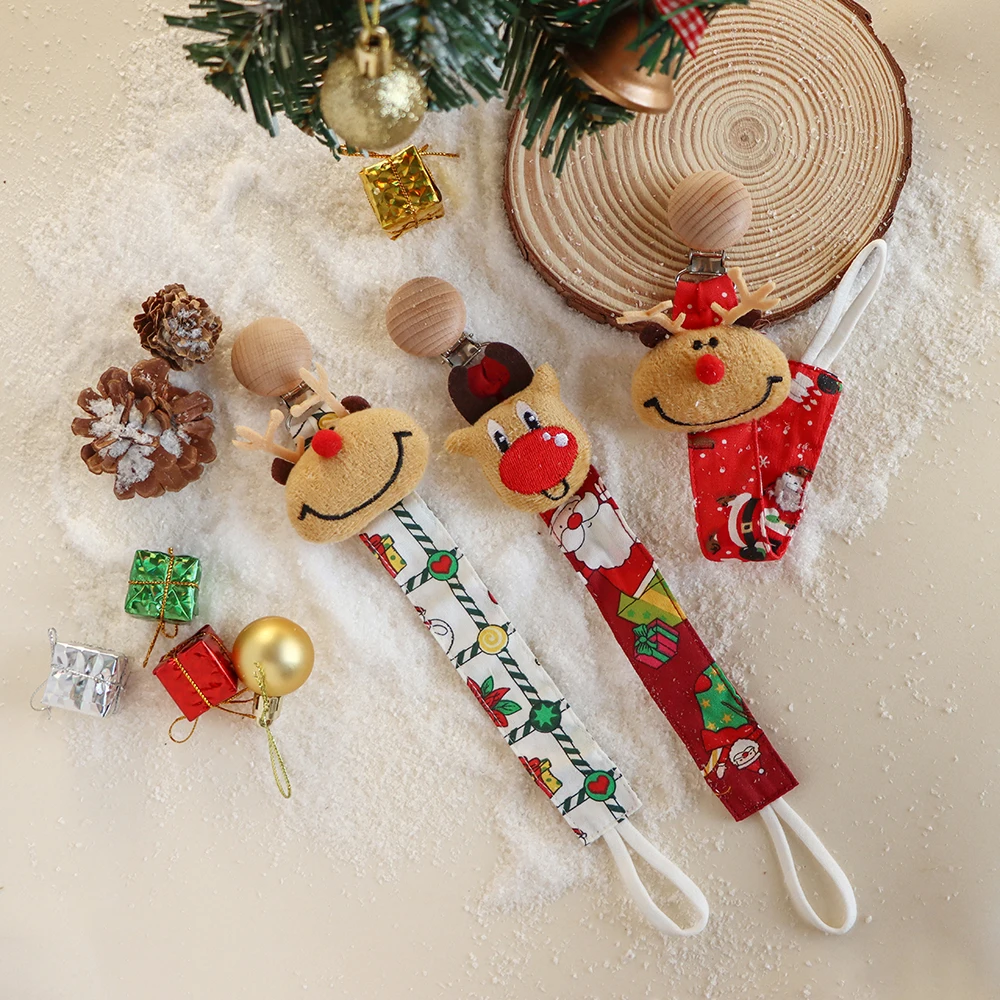 Baby Pacifiers Fabric Wooden Pacifier Tweezers Hanger Rope Nipple Dummy Holder Clip Chain Holders Baby Christmas Accessories