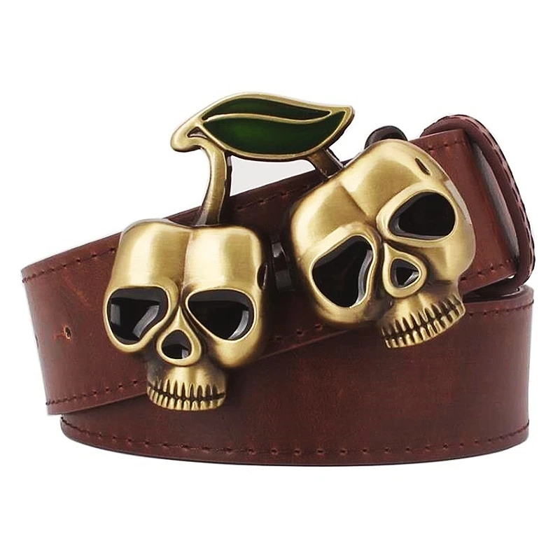 Double Skull Head Brass Metal Buckle Fashion Leather Belt Skeleton Street Hip Hop Style Accessories