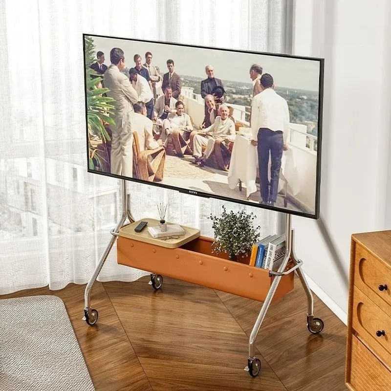 Organized TV Floor Bracket Stainless Steel Movable Simple Hanger 32-85 Inches Universal for Bedroom Household Use with Storage