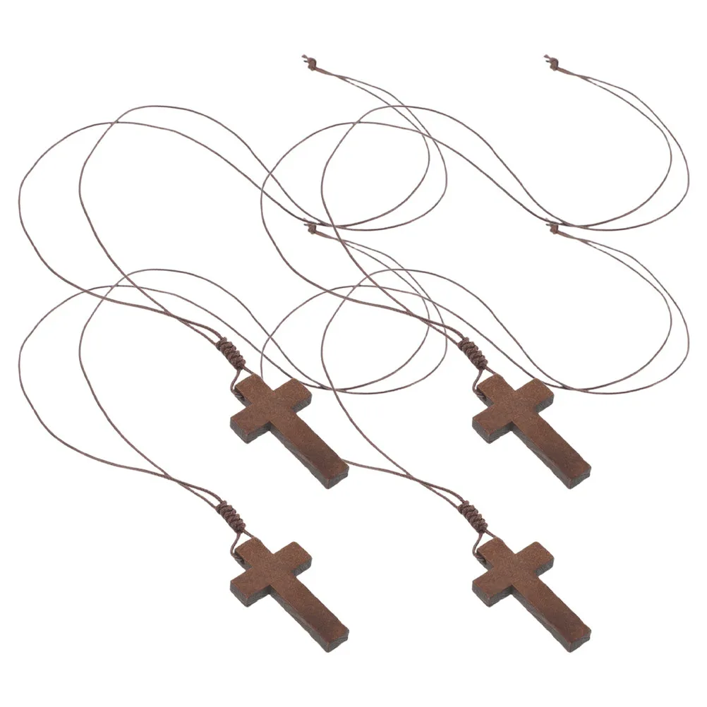 4 piezas de collar con crucifijo de madera, colgante de cruz de madera natural, diseño de nudo ajustable, joyería espiritual retro para uso diario en parejas.